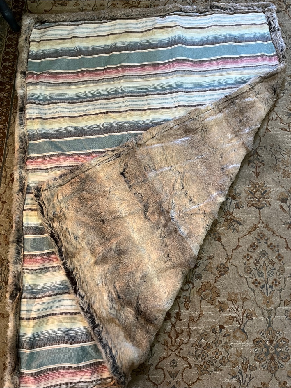 Pottery Barn Logan Striped Throw with Faux Fur Side 45x60! Lovely! EUC!